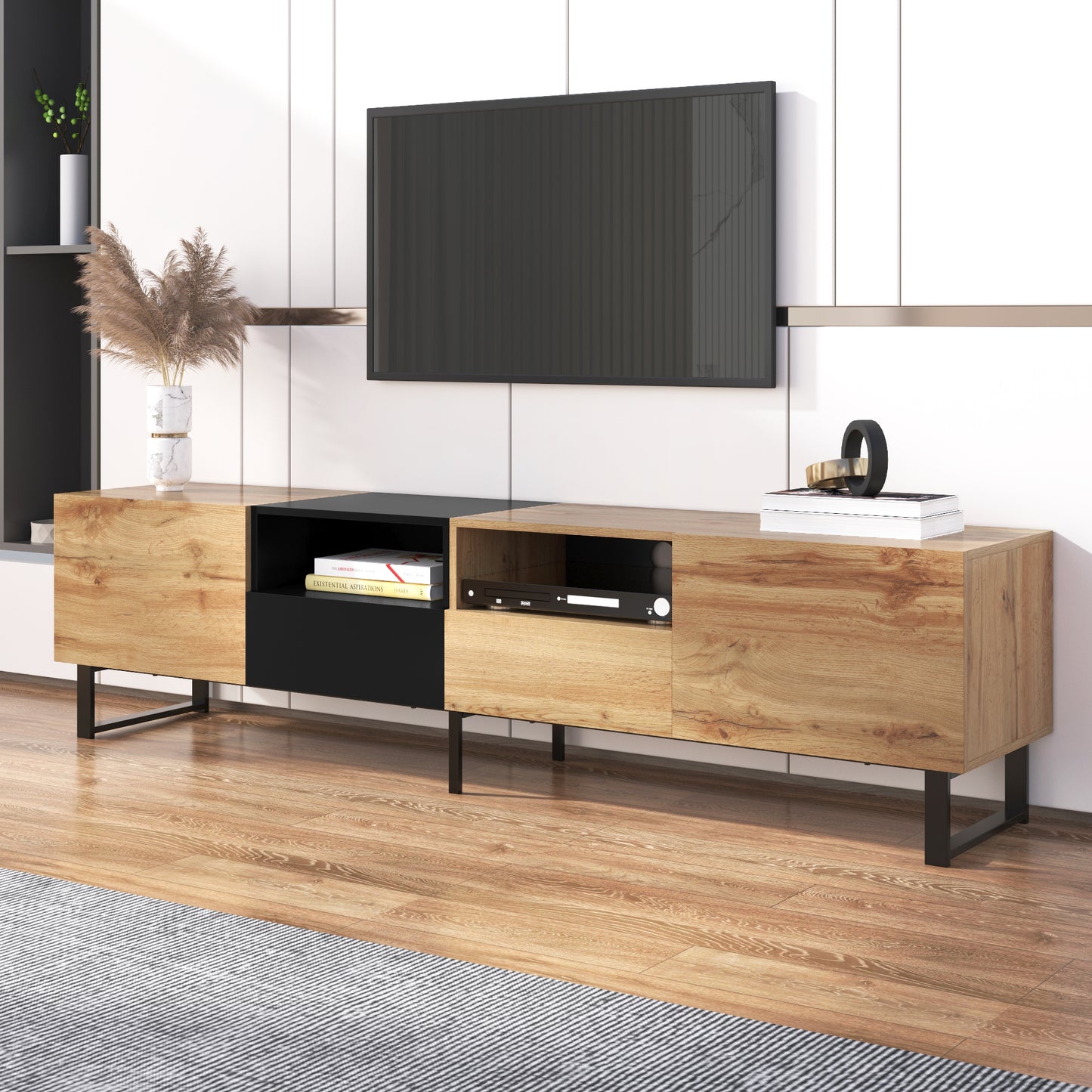 Modern TV Stand with 2 Cabinets& Open Storage Compartment, Color-matching Media Console Table for TVs up to 85'', Entertainment Center with Drop Down Door for Living Room, Bedroom, Home Theatre