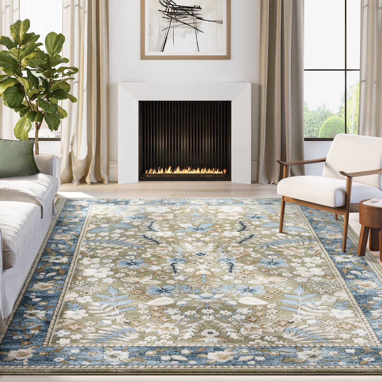 Savoy Traditional Blue Beige Botanical Floral Vintage Rug: 5'3" x 7'6"