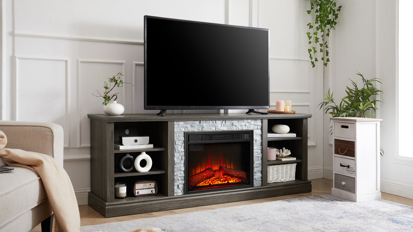 Large TV Desk Storage Rack with Faux Stacked Stone Surround,Media Console Table with Large Storage Cabinet,Modern  TV Stand with 23" Fireplace Insert,GREY, 70.12"W*15.35"D*25.83"H