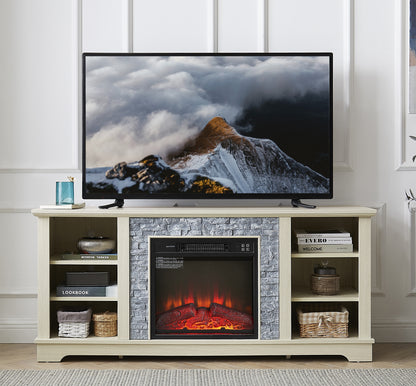 Mantel Electric Fireplace Stone TV Media Stand, Open Storage Modern Entertainment Console  Space with 18" Fireplace Insert, White, 58.31"W*15.39"D*26.06"H