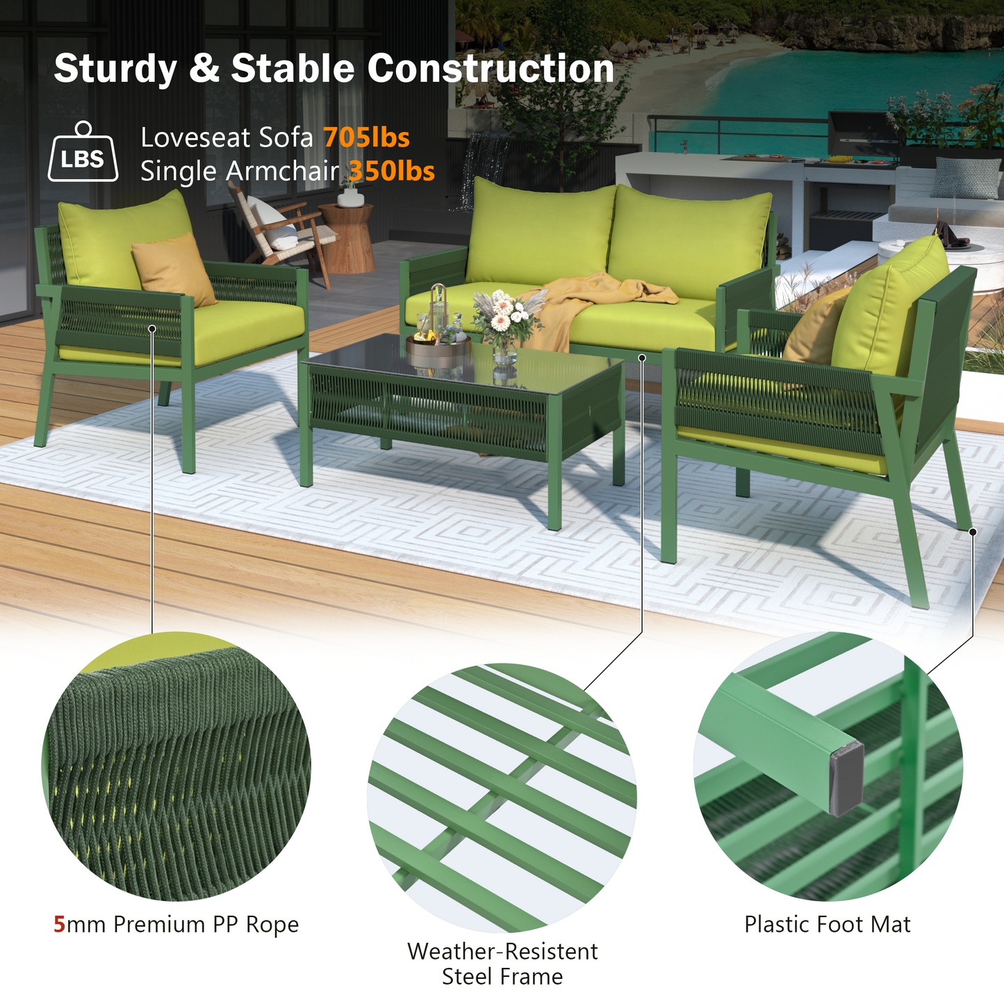 Rope Patio Furniture Set, Outdoor Furniture with Tempered Glass Table, Patio Conversation Set Deep Seating with Thick Cushion for Backyard Porch Balcony (Fluorescent Yellow & Green)