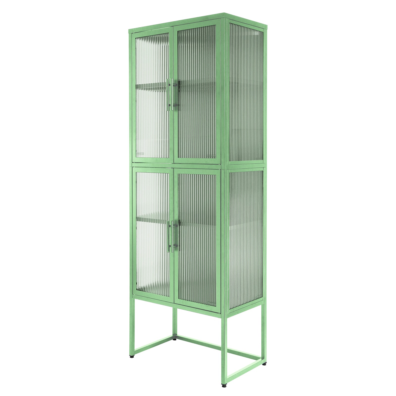 Stylish 4-Door Tempered Glass Cabinet with 4 Glass Doors Adjustable Shelves U-Shaped Leg Anti-Tip Dust-free Fluted Glass Kitchen Credenza Light Green
