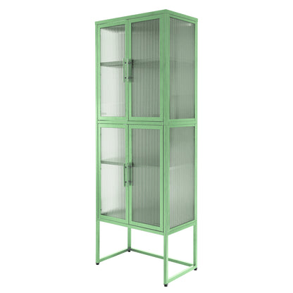 Stylish 4-Door Tempered Glass Cabinet with 4 Glass Doors Adjustable Shelves U-Shaped Leg Anti-Tip Dust-free Fluted Glass Kitchen Credenza Light Green