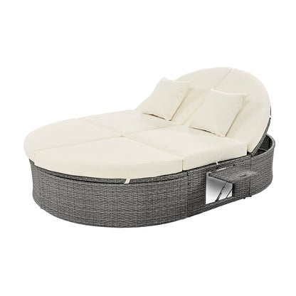 Outdoor Sun Bed Patio 2-Person Daybed with Cushions and Pillows, Rattan Garden Reclining Chaise Lounge with Adjustable Backrests and Foldable Cup Trays for Lawn, Poolside, Beige