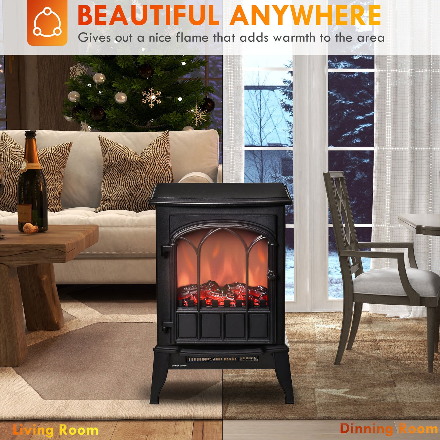 22" Electric Fireplace Stove, Freestanding Fire Place Heater with Realistic Logs and LED Flame, Adjustable Temperature, Overheat Protection, 750W/1500W, Black