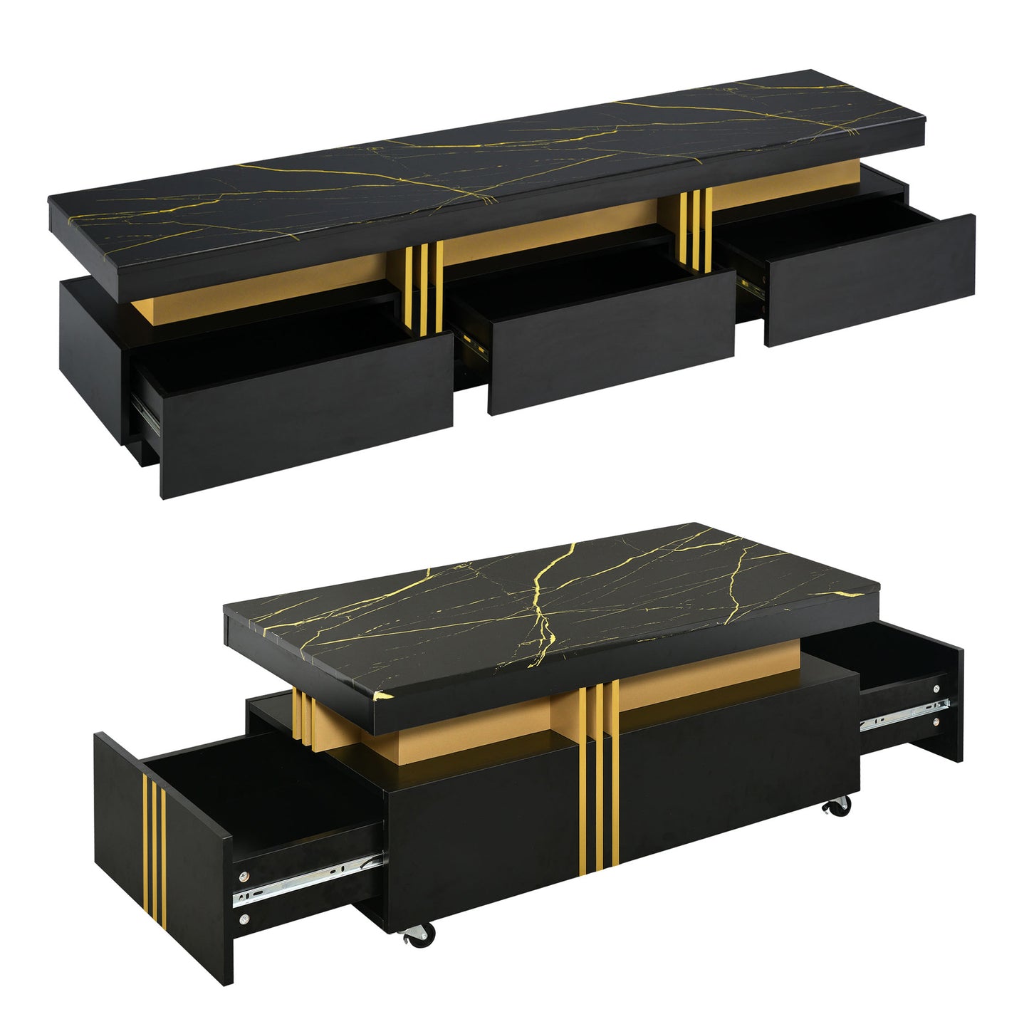 ON-TREND Modern Luxury TV Stand and Coffee Table Set of 2, High Gloss Faux Marble Top, TV Stand for TVs Up to 78'', Rectangle Coffee Table with Caster Wheels for Living Room, Black