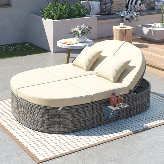 Outdoor Sun Bed Patio 2-Person Daybed with Cushions and Pillows, Rattan Garden Reclining Chaise Lounge with Adjustable Backrests and Foldable Cup Trays for Lawn, Poolside, Beige