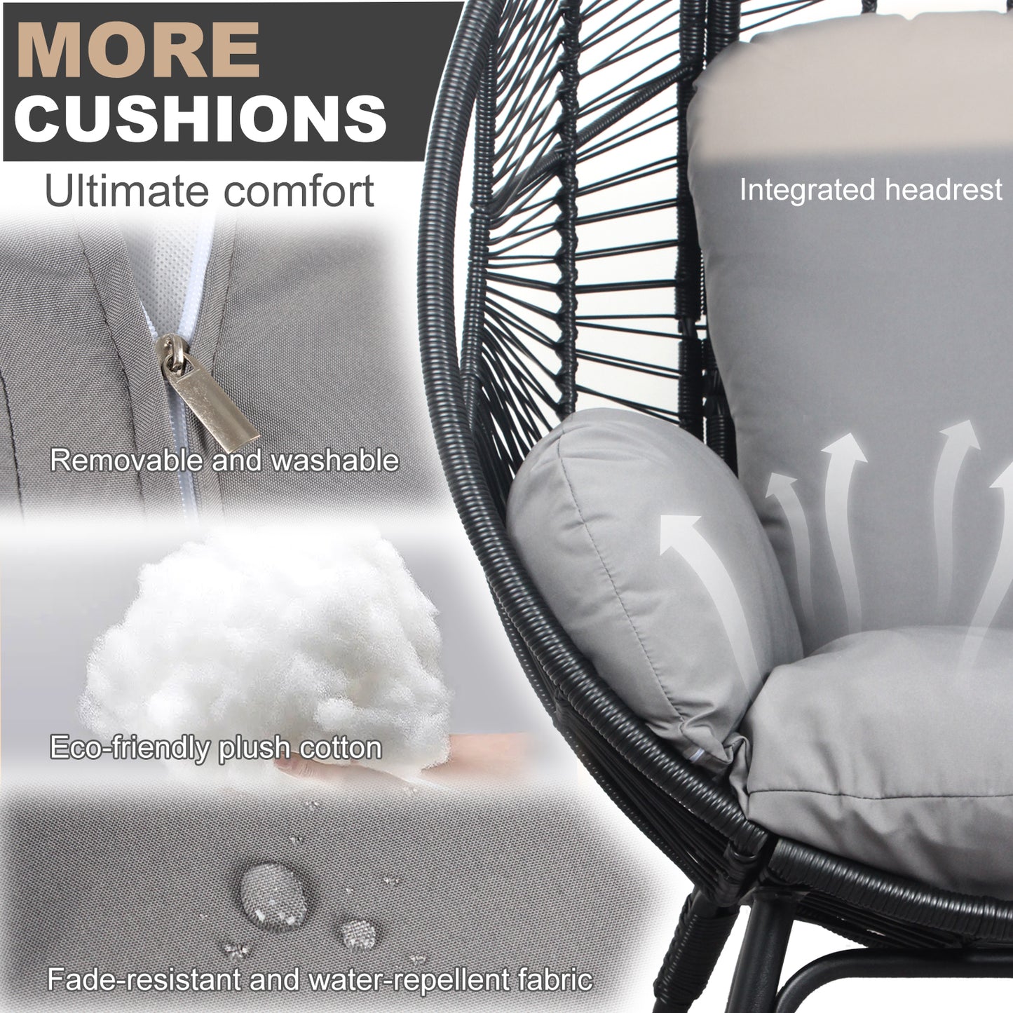 Patio PE Wicker Egg Chair Model 2 with Black Color Rattan Grey Cushion