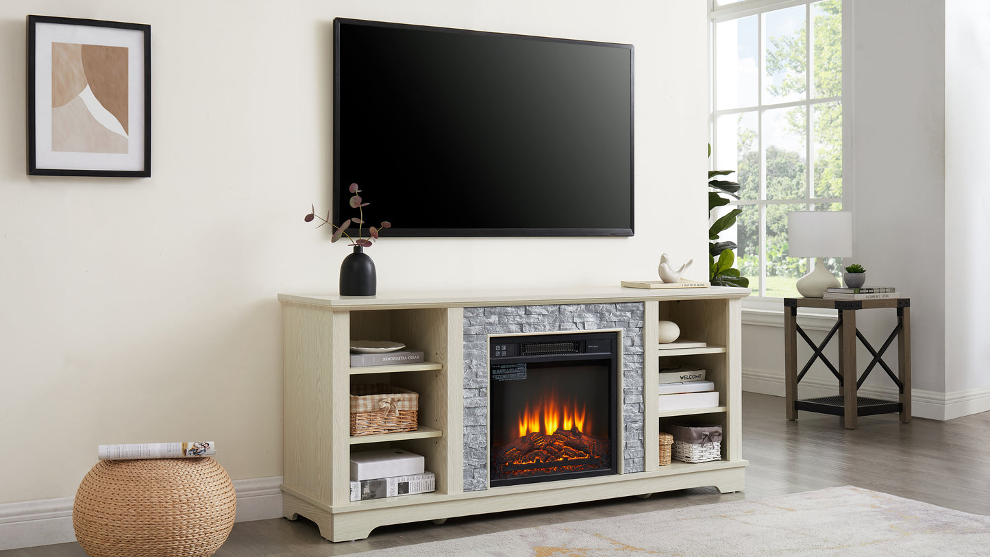 Mantel Electric Fireplace Stone TV Media Stand, Open Storage Modern Entertainment Console  Space with 18" Fireplace Insert, White, 58.31"W*15.39"D*26.06"H