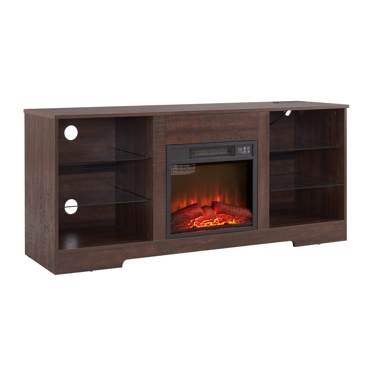 TV Stand Electric Fireplace  Glass Shelves, 3D Fireplace TV Stand with LED Lights Wood with USB Charging Outlet Modern Television Table Center for TV up to 62" ESP, 58''W*15.5''D*24.4