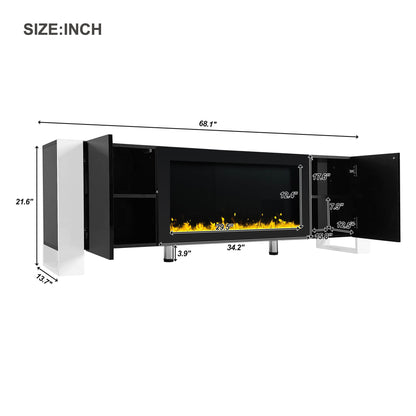 ON-TREND Modern TV Stand with 34.2" Non-heating Electric Fireplace, High Gloss Entertainment Center with 2 Cabinets, Media Console for TVs up to 78", Black