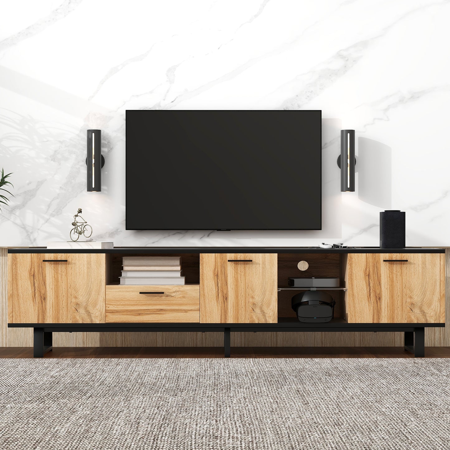 Modern TV Stand with 4 Cabinets& Open Shelves, Color-matching Media Console Table for TVs up to 80'', Entertainment Center with Drop Down Door for Living Room, Bedroom, Home Theatre