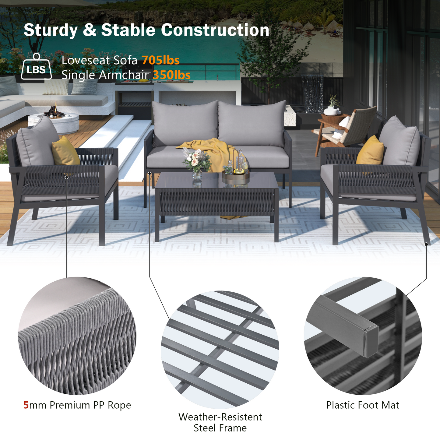 K&K 4-Piece Rope Patio Furniture Set, Outdoor Furniture with Tempered Glass Table, Patio Conversation Set Deep Seating with Thick Cushion for Backyard Porch Balcony (Grey)