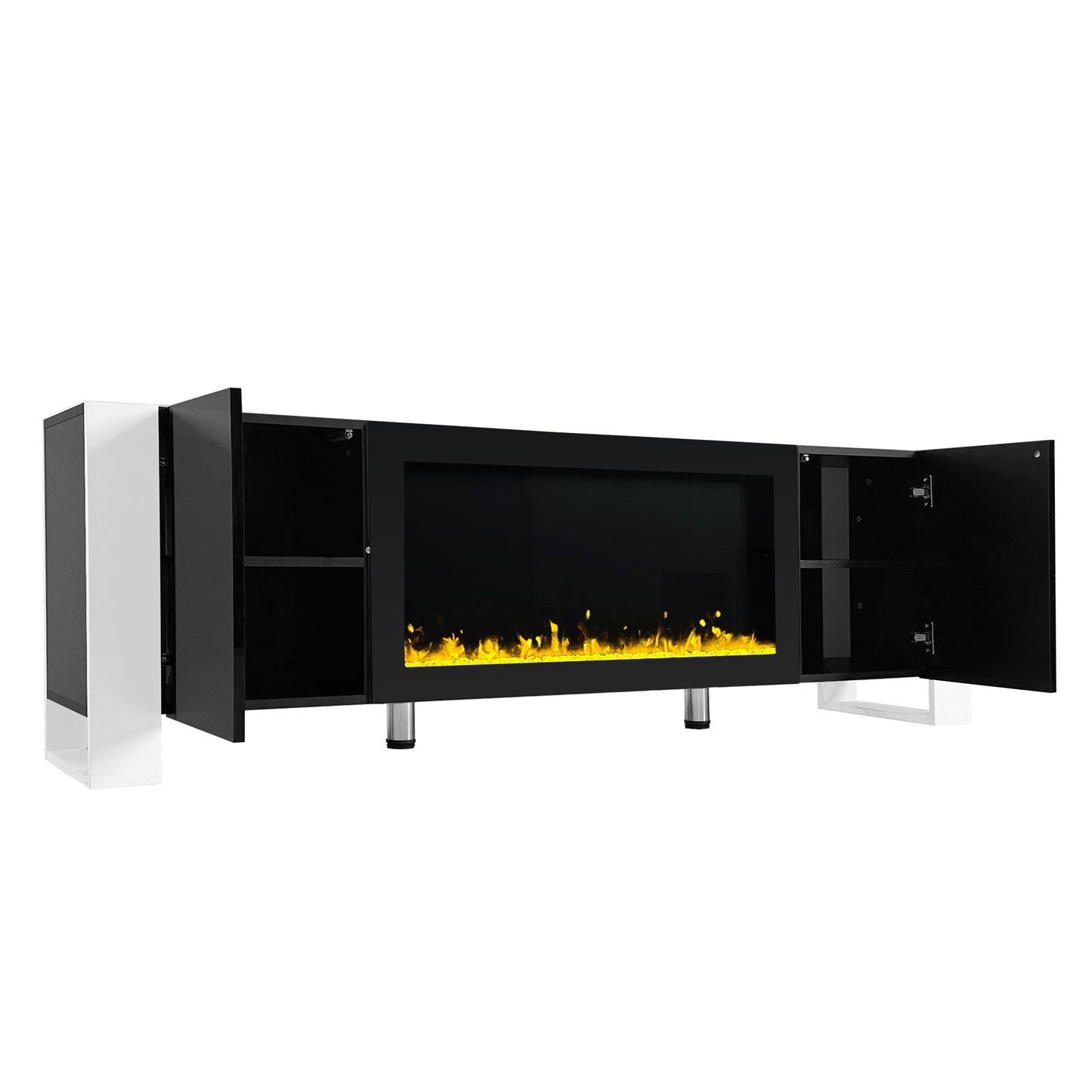 ON-TREND Modern TV Stand with 34.2" Non-heating Electric Fireplace, High Gloss Entertainment Center with 2 Cabinets, Media Console for TVs up to 78", Black