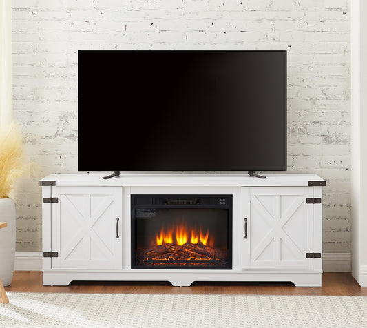 Modern Farmhouse TV Media Stand, Large Barn Inspired Home Entertainment Console, with 23" Fireplace Insert, for TV Up to 70'', with Open Shelves and Closed Cabinets, White, 64.8"W*15.67"D*24.29"H