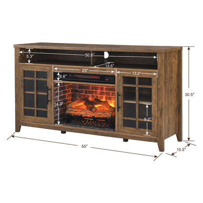 55 inch TV Media Stand with Electric Fireplace KD Inserts Heater,Reclaimed Barnwood Color