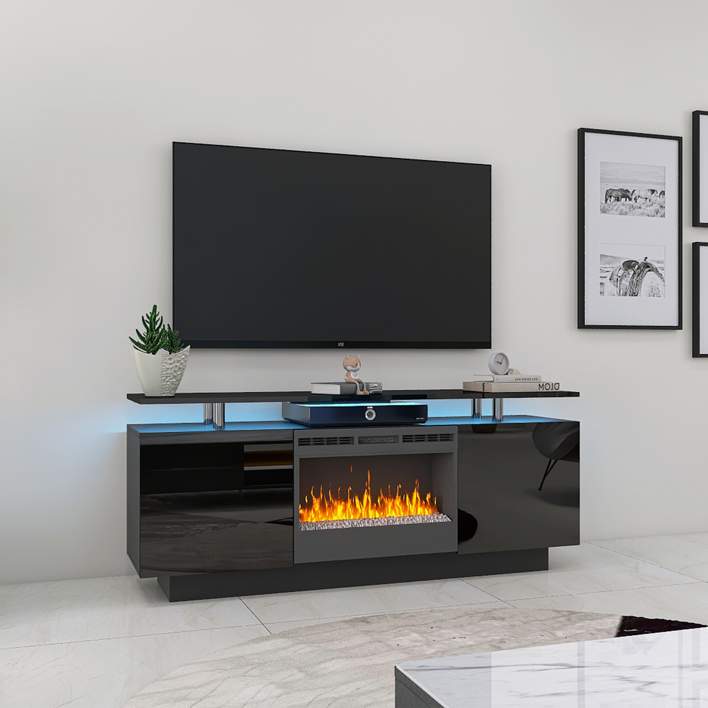 Black 160CM large TV cabinet with fireplace can heating change color 9 models 8 levels have LED Light