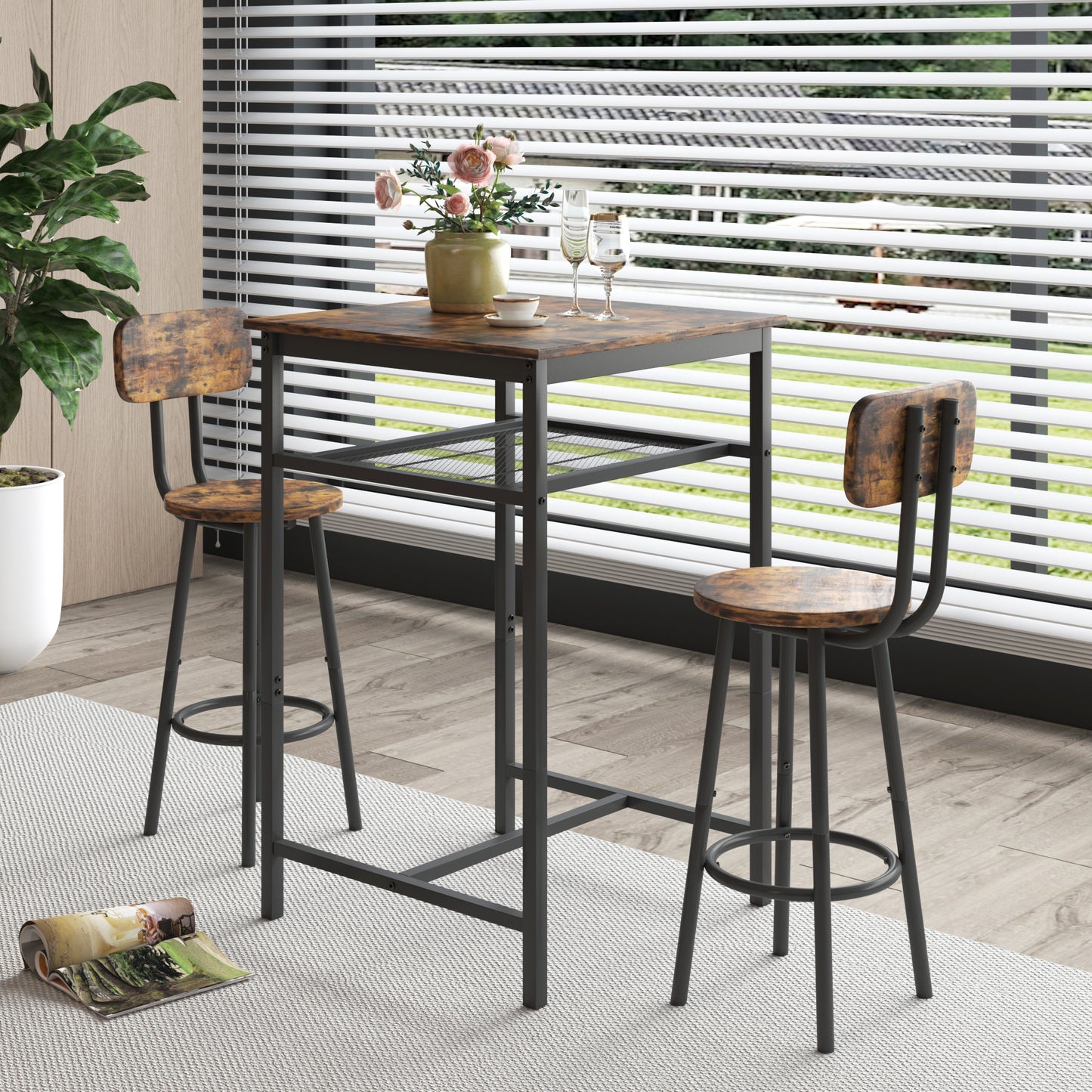 Bar table, equipped with 2 bar stools , with backrest and partition (Rustic Brown)