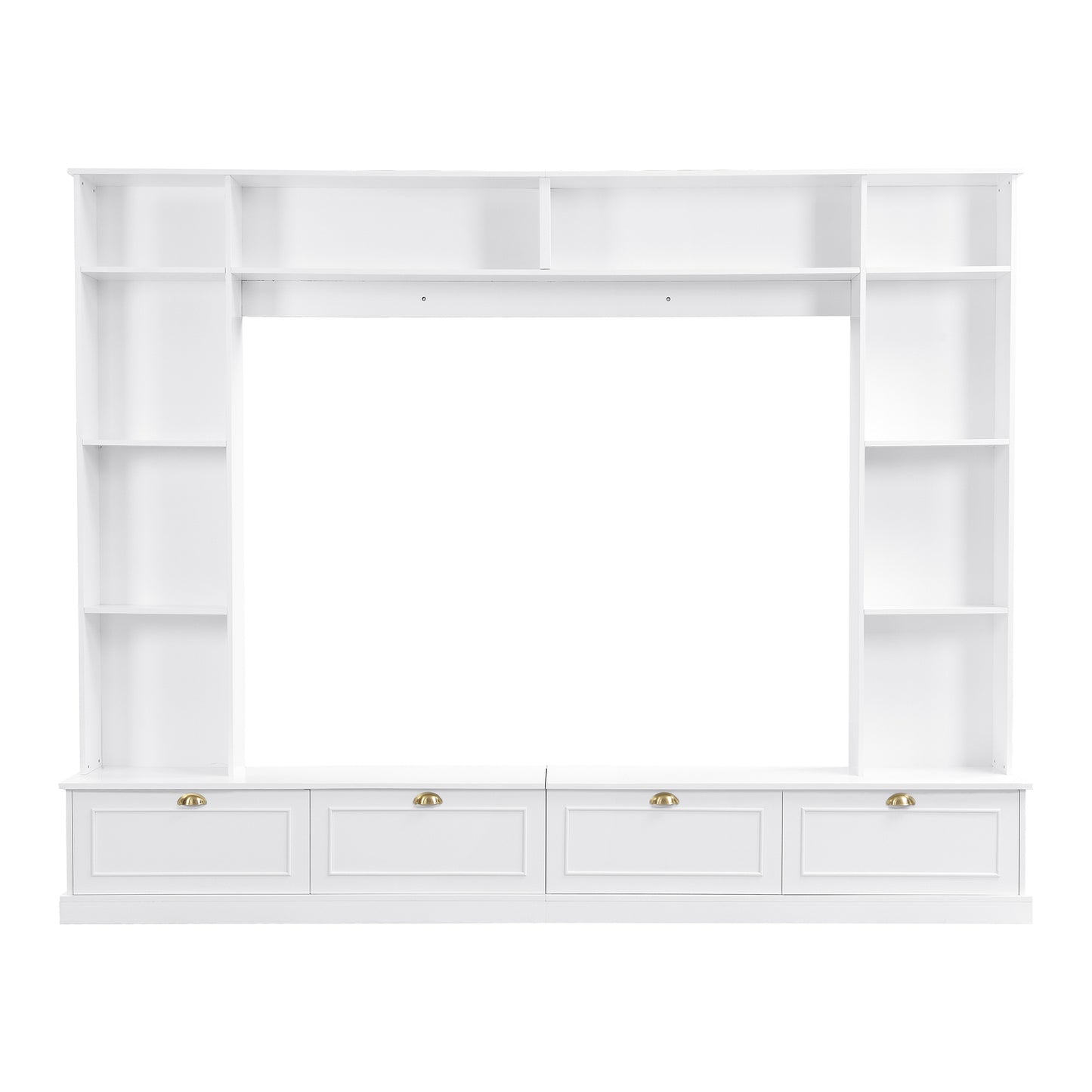 ON-TREND Large Wall Unit Entertainment Center with Bookshelves for TVs Up to 78'', Modern TV Console with Cabinets and Open Shelves, 4-in-1 TV Stand with Golden Handles, White, 104.2''W*81.2''H