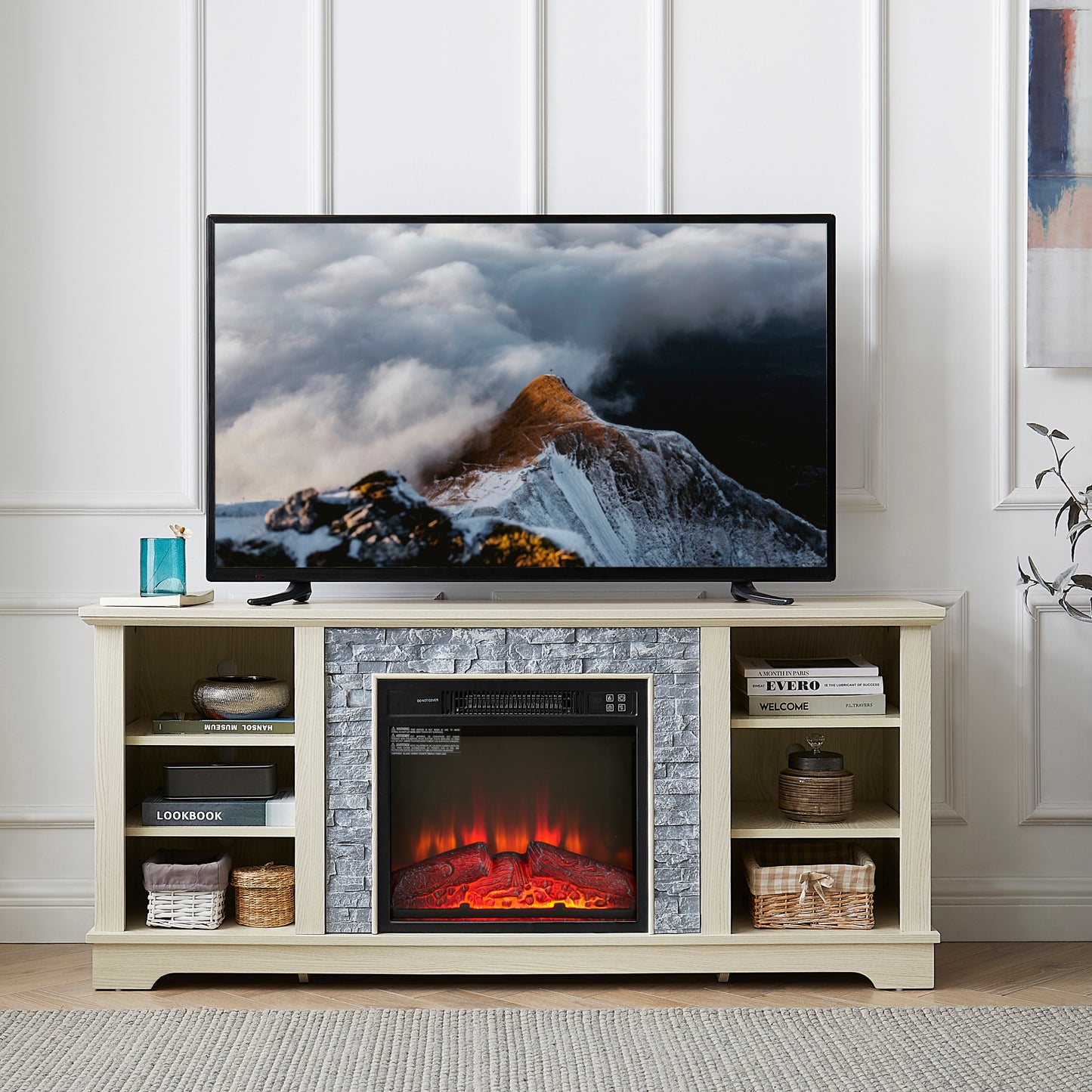 Mantel Electric Fireplace Stone TV Media Stand, Open Storage Modern Entertainment Console  Space with 18" Fireplace Insert, White, 58.31"W*15.39"D*26.06"H