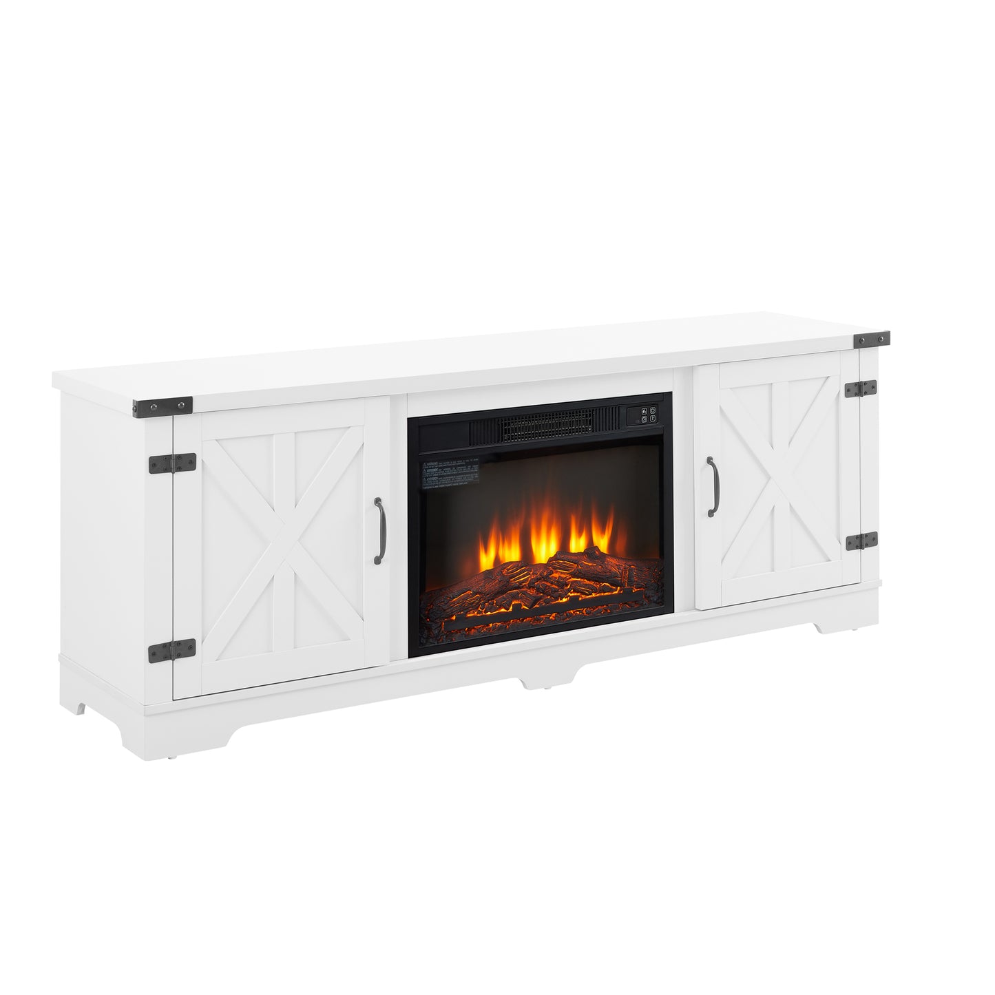 Modern Farmhouse TV Media Stand, Large Barn Inspired Home Entertainment Console, with 23" Fireplace Insert, for TV Up to 70'', with Open Shelves and Closed Cabinets, White, 64.8"W*15.67"D*24.29"H