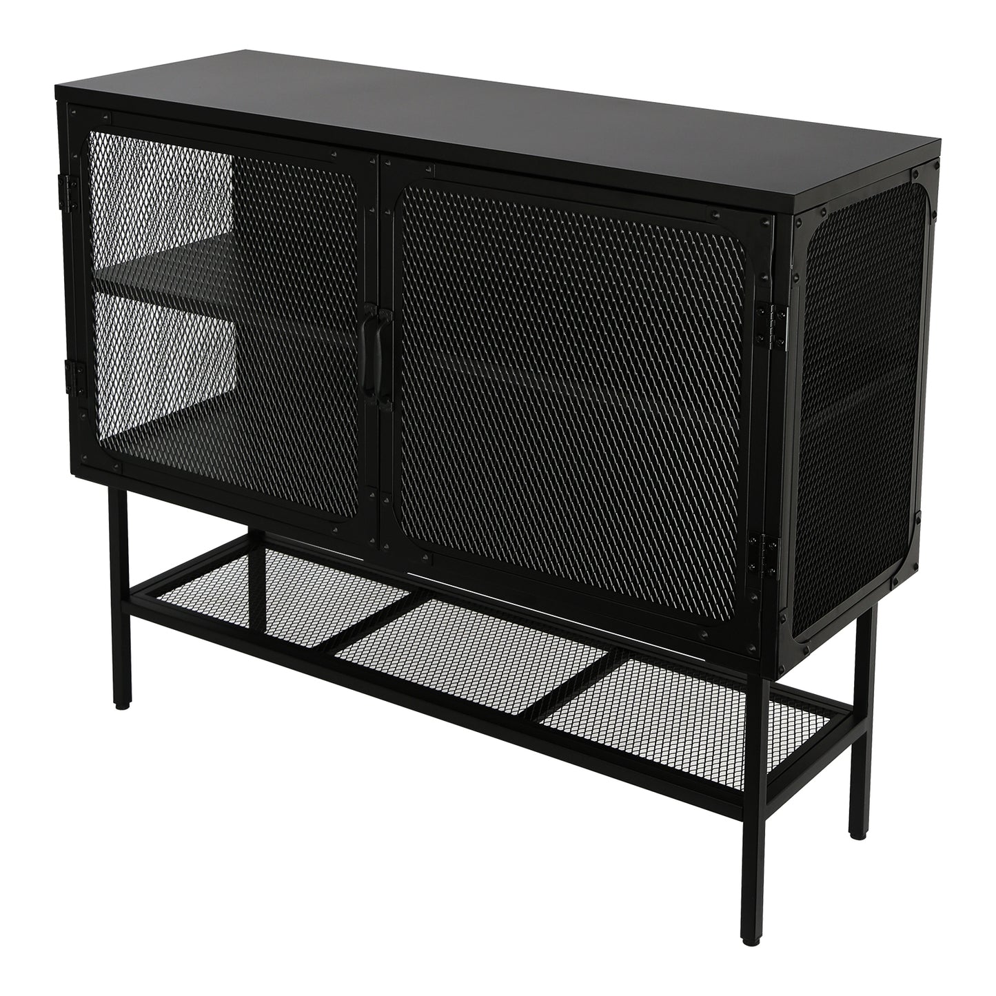 Industrial Double Door Cabinet Console Table with 2 Mesh Doors Adjustable Shelf and Feet Bottom Shelf Anti-Tip Dust-free Kitchen Credenza Sideboard Frosted Black