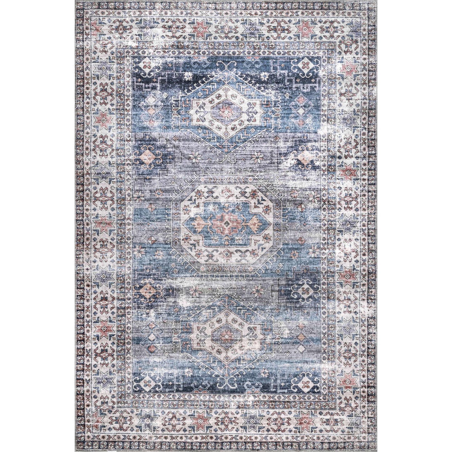 Drina Machine Washable Distressed Area Rug: Blue / Rectangle / 5' x 8'