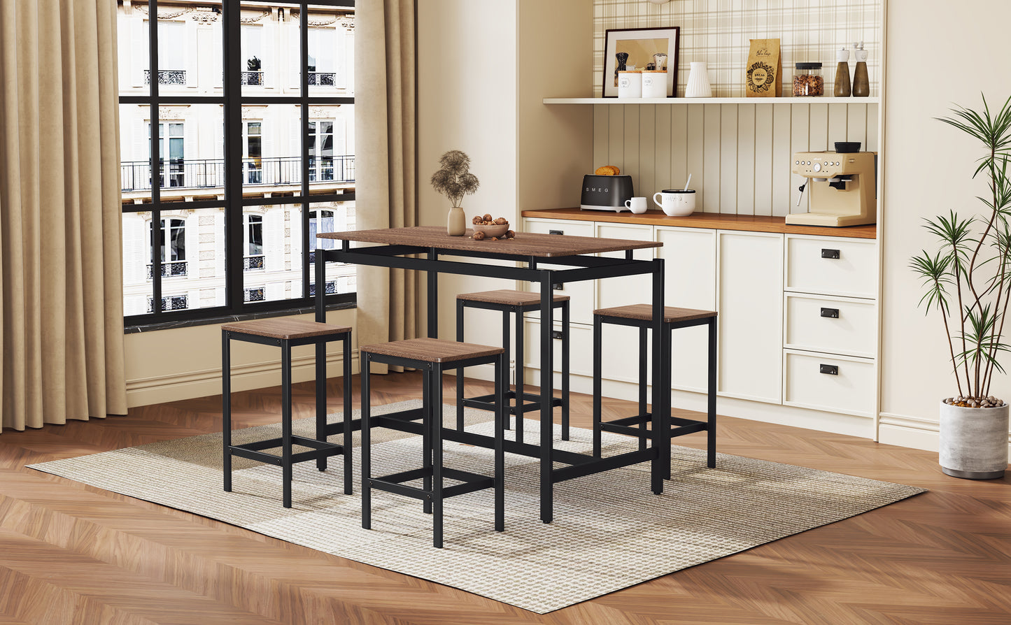 TREXM 5-Piece Compact Bar Table Set with Table and Stools - Modern Industrial Design, Space-Saving Furniture for Dining Room and Breakfast Nook (Dark Brown)