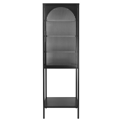 Stylish Tempered Glass High Cabinet with Arched Door Adjustable Shelves and Feet Anti-Tip Dust-free Fluted Glass Kitchen Credenza Black