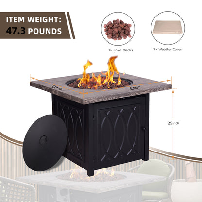 Faux Woodgrain Table top And Steel Base Propane Outdoor Fire Pit Table With Lid