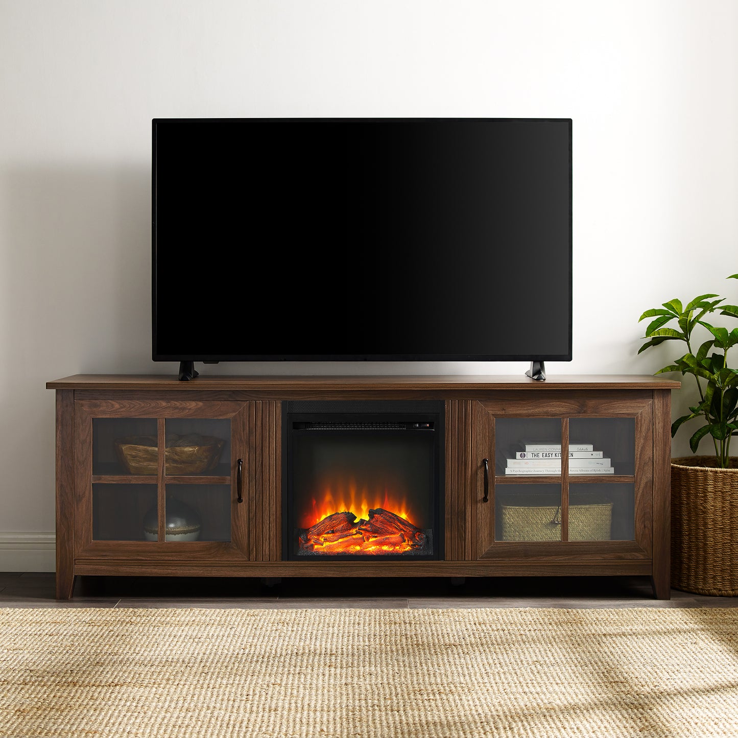 Modern Farmhouse 2-Door Glass Windowpane 70" Fireplace TV Stand for 80" TVs - Dark Walnut