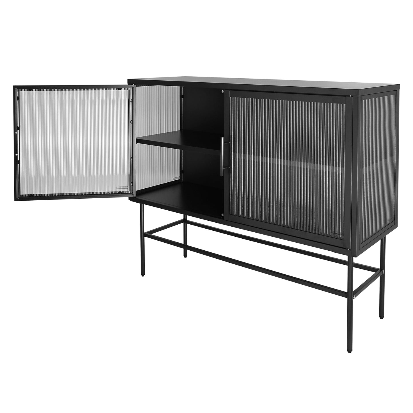 Double Door Tempered Glass Sideboard Console Table with 2 Fluted Glass Doors Adjustable Shelf and Feet Anti-Tip Dust-free Kitchen Credenza Cabinet Black