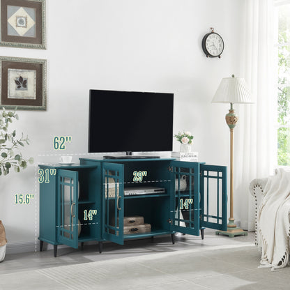 62" TV Stand, Buffet Sideboard Cabinet, Teal Blue