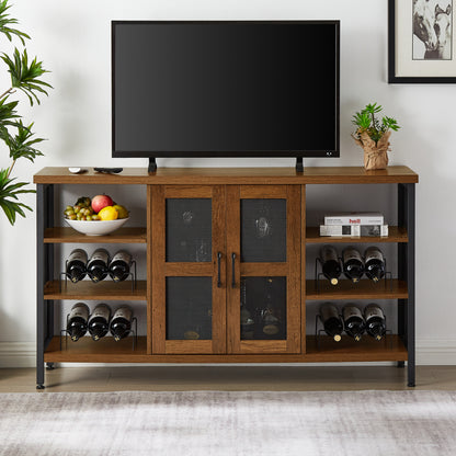 JHX Industrial Wine Bar Cabinet, Liquor Storage Credenza, Sideboard with Wine Racks & Stemware Holder (Hazelnut Brown, 55.12''w x 13.78''d x 30.31' ' h)