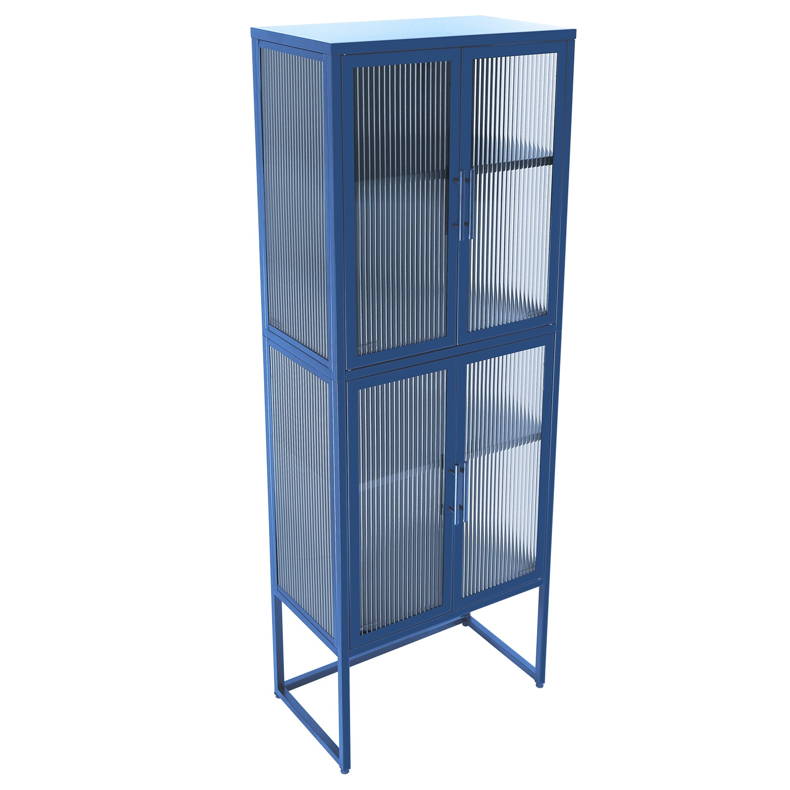 Stylish 4-Door Tempered Glass Cabinet with 4 Glass Doors Adjustable Shelves U-Shaped Leg Anti-Tip Dust-free Fluted Glass Kitchen Credenza Blue