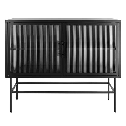 Double Door Tempered Glass Sideboard Console Table with 2 Fluted Glass Doors Adjustable Shelf and Feet Anti-Tip Dust-free Kitchen Credenza Cabinet Black