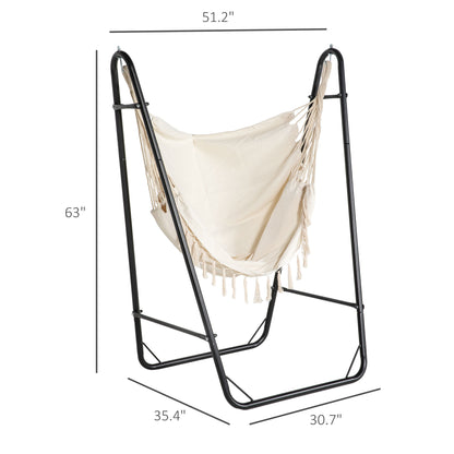 Outsunny Patio Hammock Chair with U Shape Stand, Outdoor Hammock Swing Hanging Lounge Chair with Side Pocket, Black/Cream White