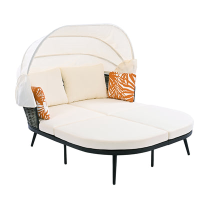 Daybed with Retractable Canopy, Outdoor Rattan PE Wicker Back Loveseat Sofa Set with Throw Pillows and Cushions for Backyard, Poolside, Garden, Beige