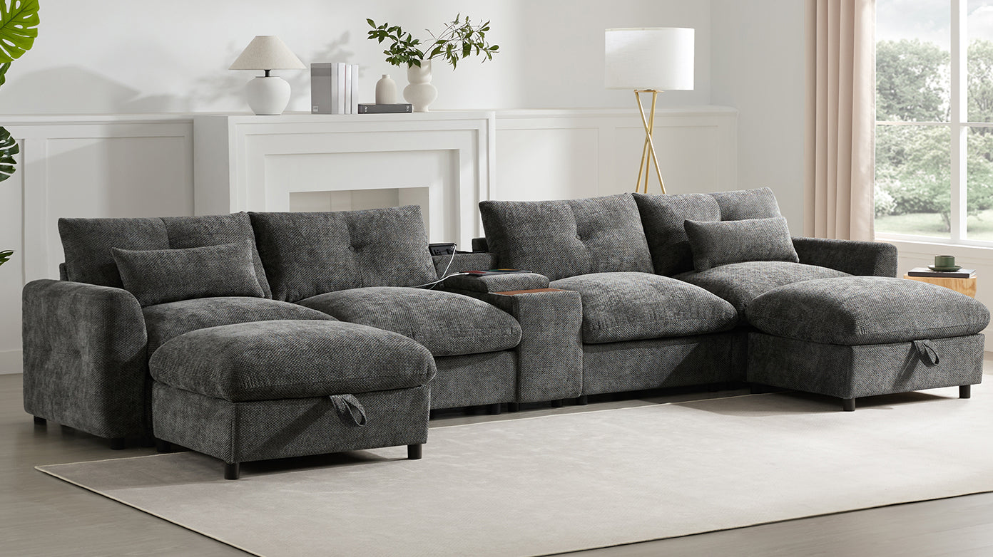 Double Chaise Modular Sectional with Storage and USB Charger