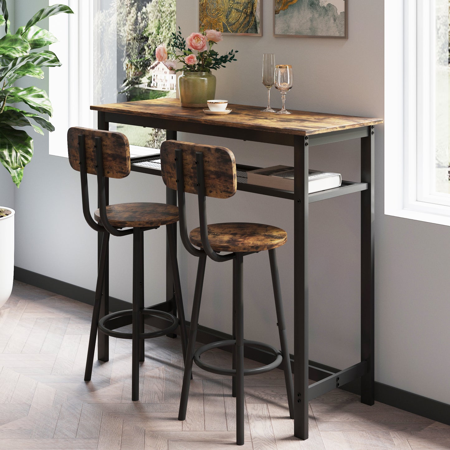 Bar table, equipped with 2 bar stools , with backrest and partition (Rustic Brown)