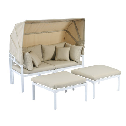 3-Piece Patio Daybed with Retractable Canopy Outdoor Metal Sectional Sofa Set Sun Lounger with Cushions for Backyard, Porch, Poolside, Beige