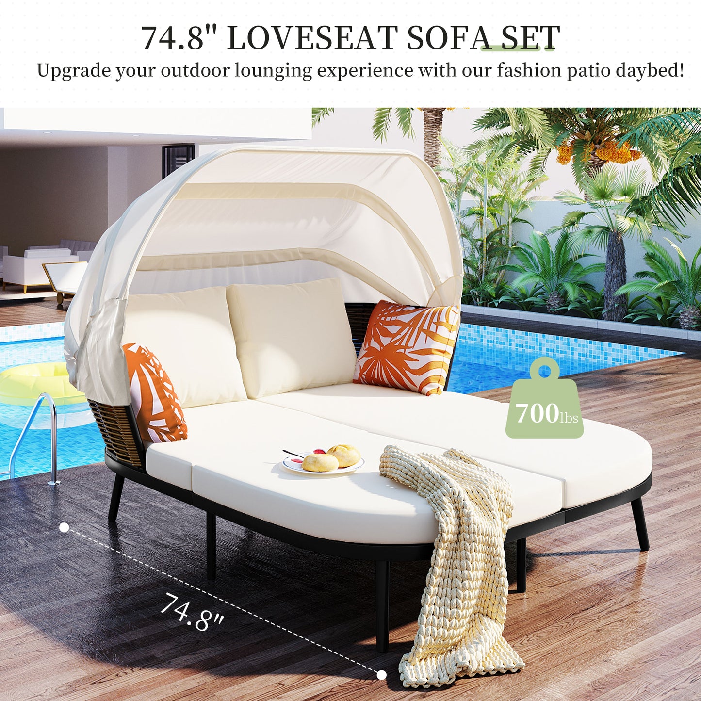 Daybed with Retractable Canopy, Outdoor Rattan PE Wicker Back Loveseat Sofa Set with Throw Pillows and Cushions for Backyard, Poolside, Garden, Beige