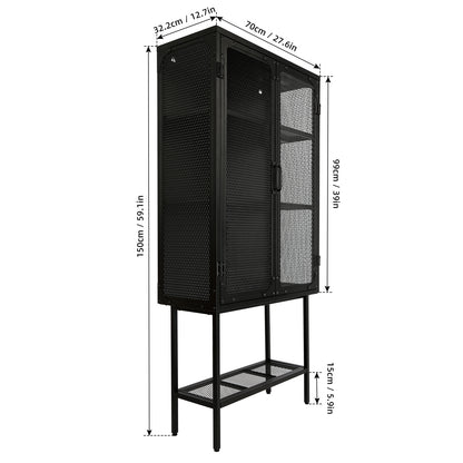 Industrial Cabinet Cupboard with 2 Metal Mesh Doors Adjustable Shelves and Feet Bottom Shelf Anti-Tip Dust-free Kitchen Credenza Sideboard Black