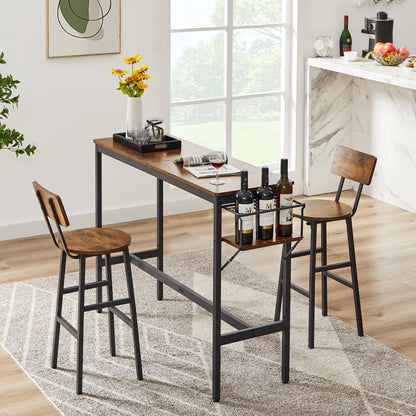 Bar Table Set with wine bottle storage rack. Rustic Brown, 47.24'' L x 15.75'' W x 35.43'' H.