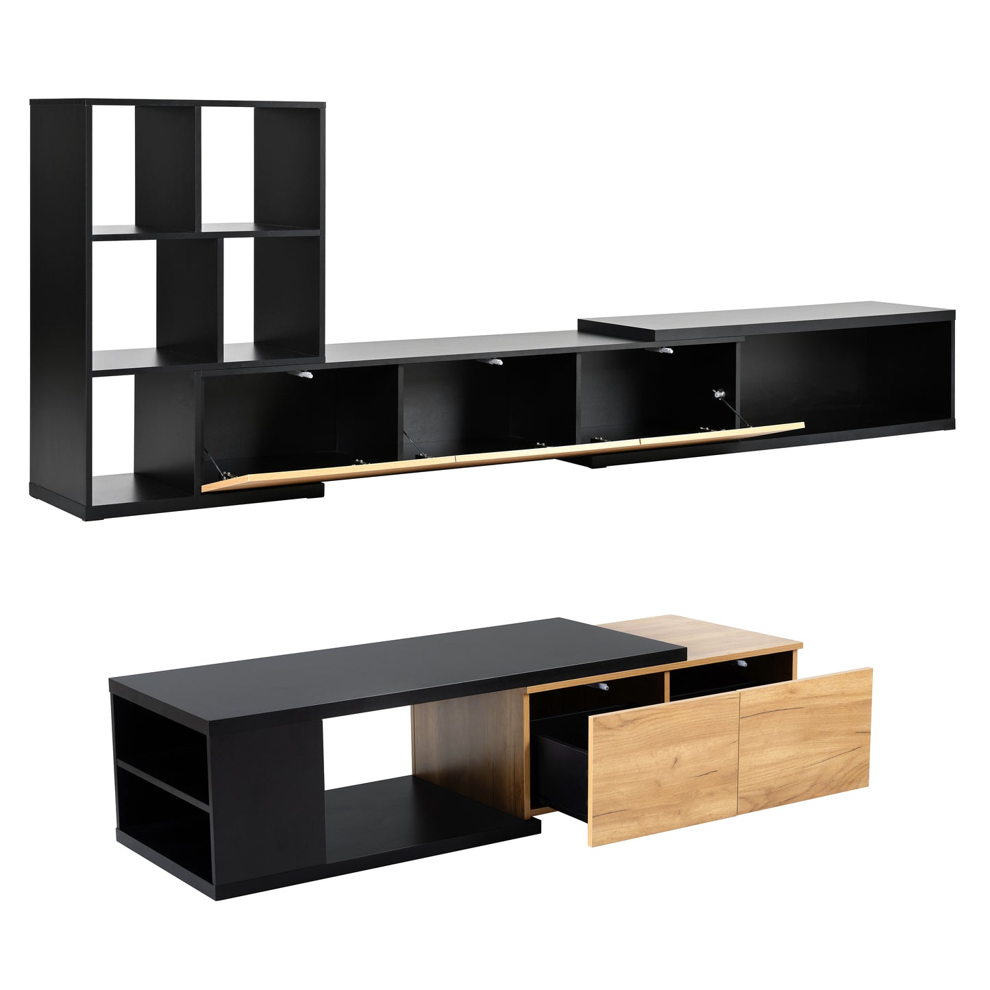 ON-TREND Extendable TV Stand and Coffee Table, Set of 2, Media Console with 3 Tier Bookshelves for TVs up to 110'', Dual-tone Center Table with Sliding Tabletop for Living Room, Black