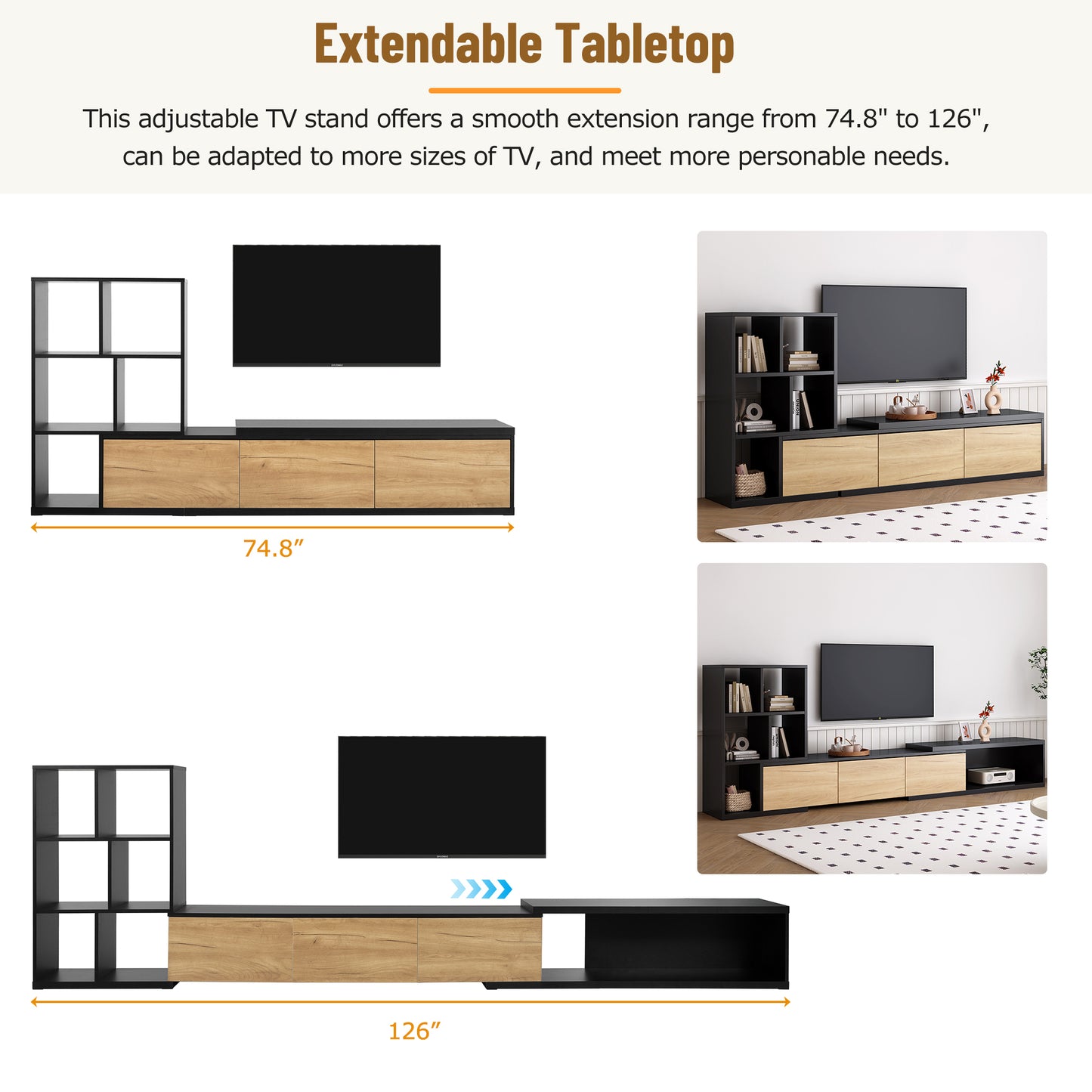 ON-TREND Extendable TV Stand and Coffee Table, Set of 2, Media Console with 3 Tier Bookshelves for TVs up to 110'', Dual-tone Center Table with Sliding Tabletop for Living Room, Black