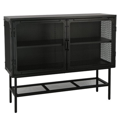 Industrial Double Door Cabinet Console Table with 2 Mesh Doors Adjustable Shelf and Feet Bottom Shelf Anti-Tip Dust-free Kitchen Credenza Sideboard Frosted Black