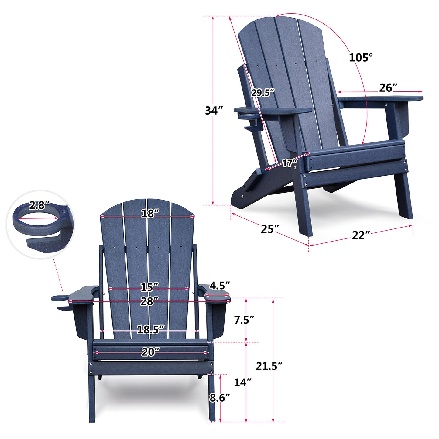 Folding Outdoor Adirondack Chair Set of 2 and Table Set,HDPE All-weather Folding Fire Pit Chair, Ergonomic Design Patio Lawn Chair for Outside Deck Garden Backyardf Balcony, Navy Blue