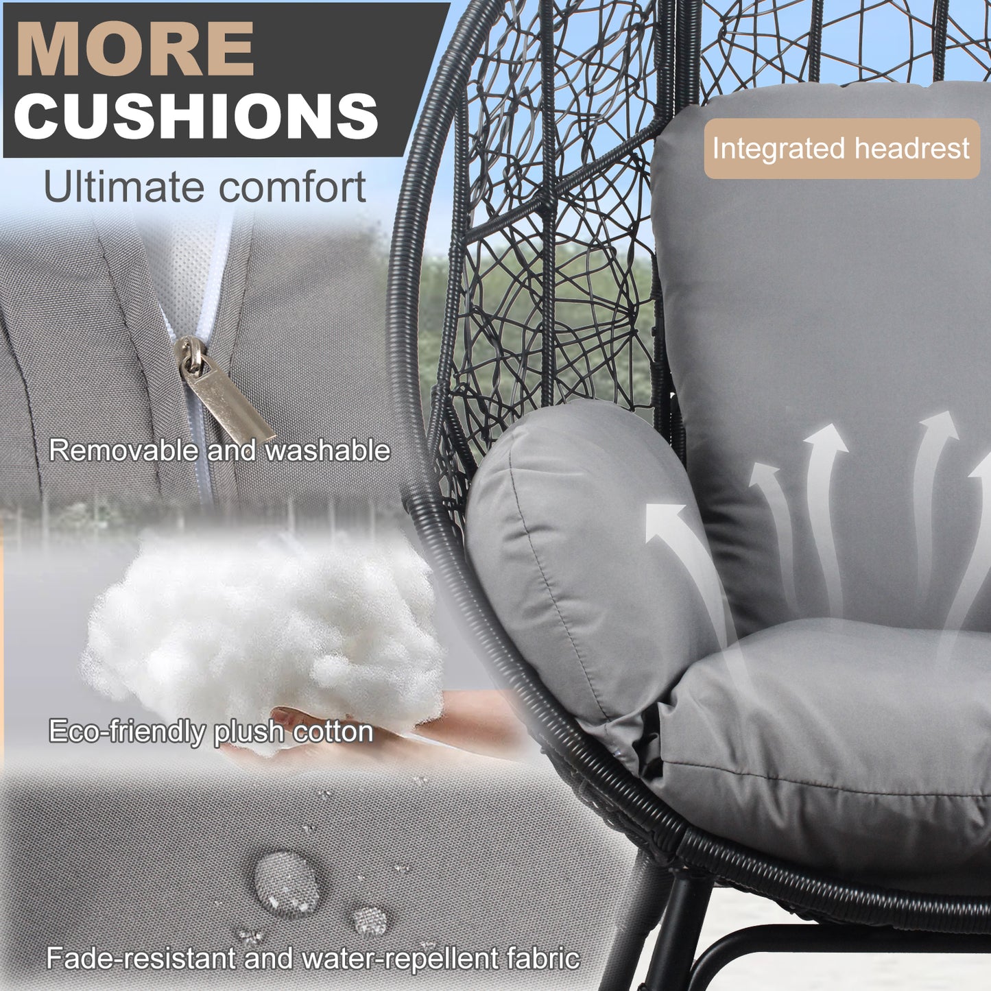 Patio PE Wicker Egg Chair Model 3 with Black Color Rattan Grey Cushion