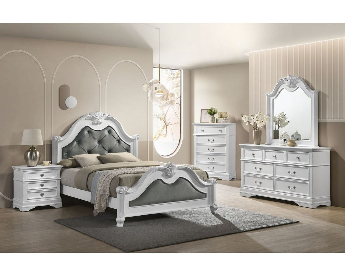 French Cottage White and Gray King Bedroom Set